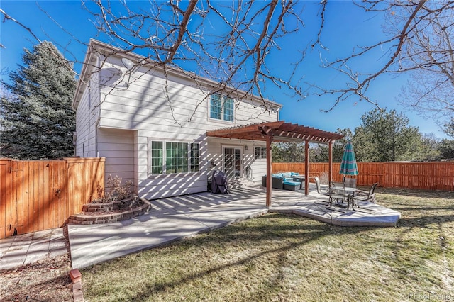 rear view of house with a yard, outdoor lounge area, a pergola, and a patio