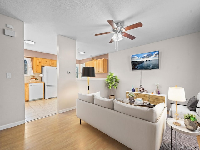 living room featuring ceiling fan, light hardwood / wood-style floors, and a textured ceiling