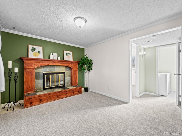 living room featuring light colored carpet, ornamental molding, and a fireplace