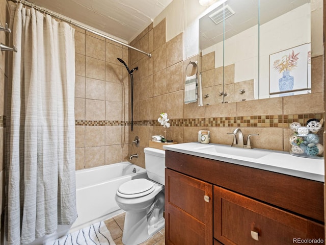 full bathroom featuring shower / bathtub combination with curtain, tile patterned flooring, backsplash, tile walls, and toilet