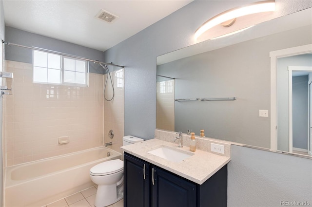 full bathroom with visible vents, toilet, tile patterned floors, tub / shower combination, and vanity