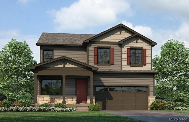 craftsman inspired home with a front lawn and a garage