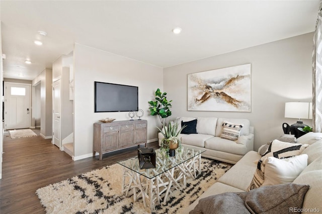 living room featuring dark wood-type flooring