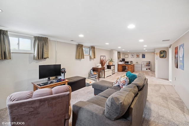2792 S Stuart St, Denver, CO 80236 - living room with recessed lighting, light carpet, and ornamental molding
