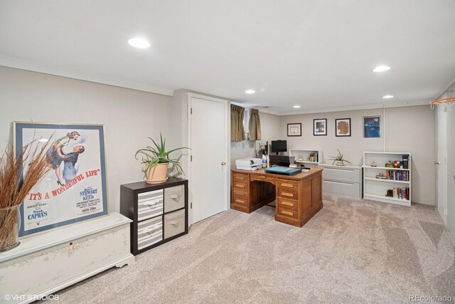 2792 S Stuart St, Denver, CO 80236 - office area with recessed lighting, light colored carpet, and ornamental molding