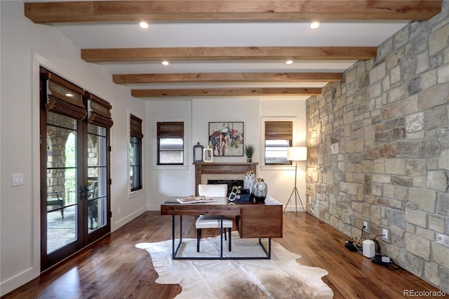 home office featuring baseboards, french doors, wood finished floors, and recessed lighting
