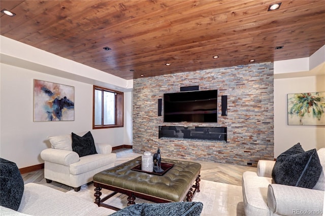 living room featuring wooden ceiling, baseboards, and recessed lighting