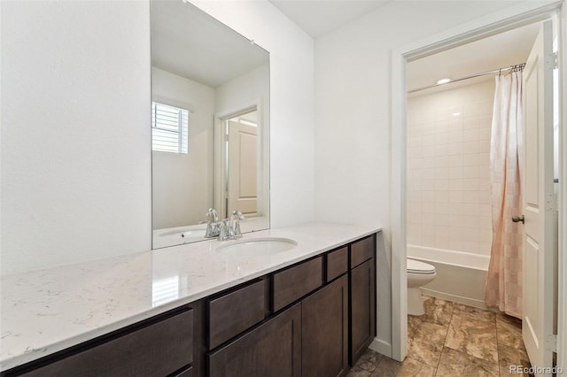 full bathroom with shower / bathtub combination with curtain, vanity, and toilet