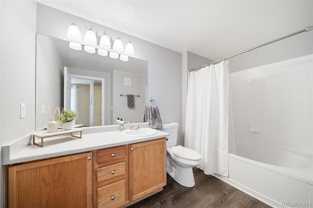 full bathroom with wood-type flooring, vanity, shower / bathtub combination with curtain, and toilet