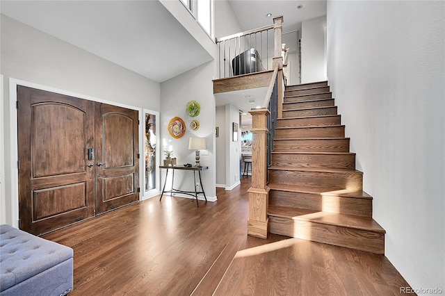 entrance foyer with plenty of natural light, a towering ceiling, and dark wood-type flooring