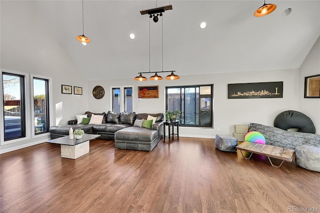 living room with hardwood / wood-style flooring, high vaulted ceiling, and plenty of natural light