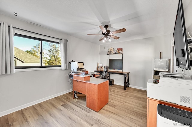 office featuring ceiling fan and light hardwood / wood-style floors