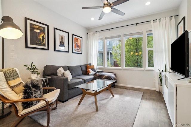 1702 W 66th Ave, Denver, CO 80221 - living area featuring visible vents, wood finished floors, baseboards, recessed lighting, and a ceiling fan