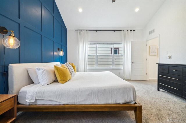 1702 W 66th Ave, Denver, CO 80221 - bedroom with visible vents, light carpet, recessed lighting, and lofted ceiling