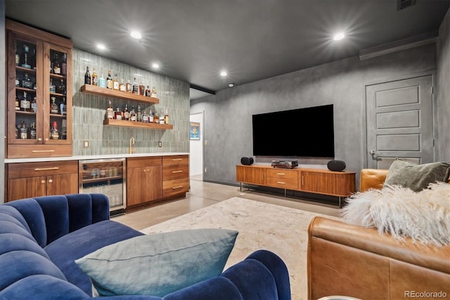 1702 W 66th Ave, Denver, CO 80221 - living area with beverage cooler, wet bar, recessed lighting, and concrete floors