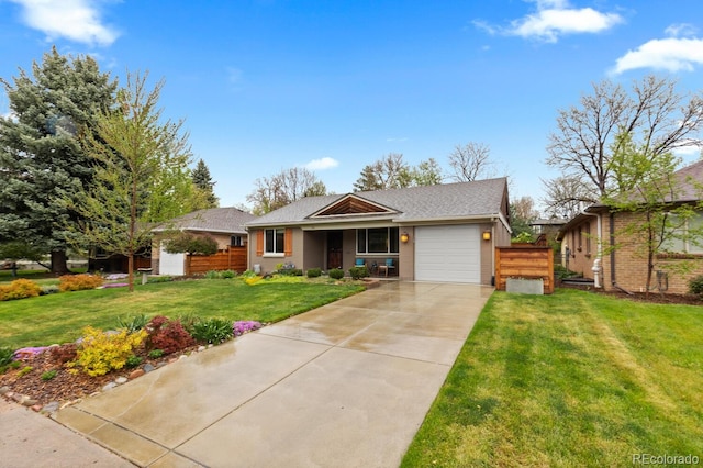 single story home with a garage, driveway, and a shingled roof