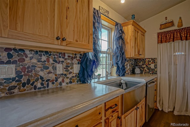 kitchen with decorative backsplash, dishwasher, and dark wood-type flooring