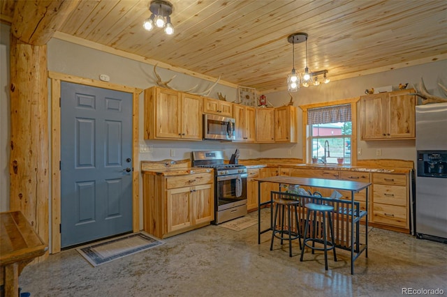 kitchen featuring stainless steel appliances, an inviting chandelier, light brown cabinets, pendant lighting, and wooden ceiling