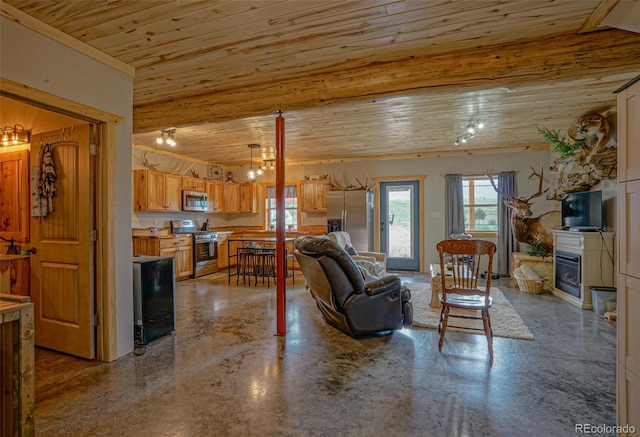 living room with wood ceiling and a notable chandelier