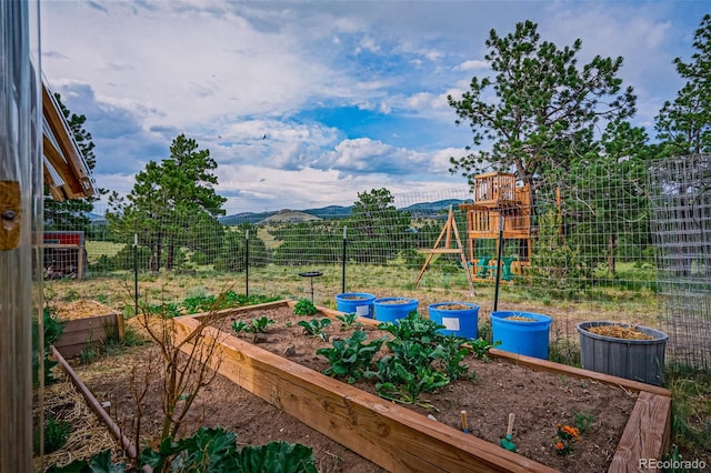 view of yard with a playground and a mountain view