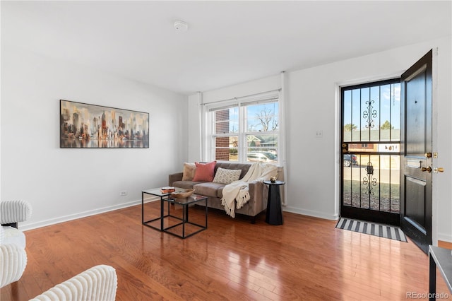 living room with baseboards and wood finished floors