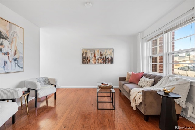 living room with baseboards and wood finished floors