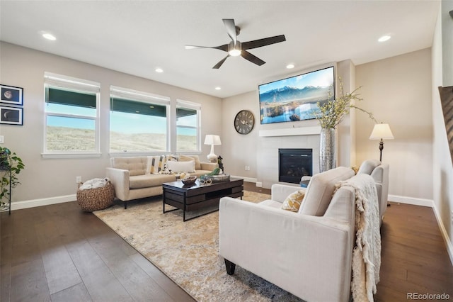 living area featuring hardwood / wood-style flooring, recessed lighting, a fireplace, and baseboards