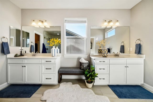 bathroom with wood finished floors, two vanities, and a sink