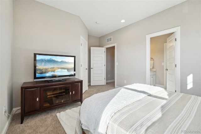 bedroom featuring visible vents, carpet flooring, and baseboards