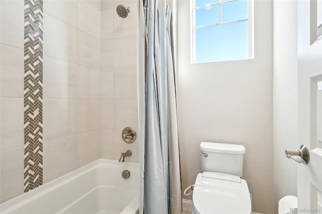 bathroom with toilet and shower / bathtub combination with curtain