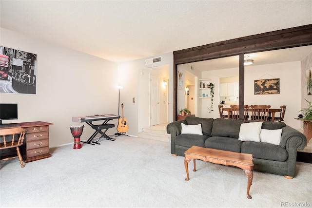 living room featuring light colored carpet and a textured ceiling