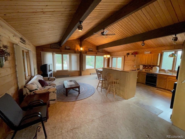 living room with wooden walls, lofted ceiling with beams, sink, wine cooler, and wood ceiling