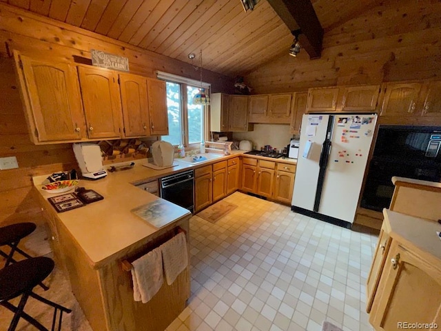 kitchen featuring wood ceiling, hanging light fixtures, black dishwasher, kitchen peninsula, and white fridge