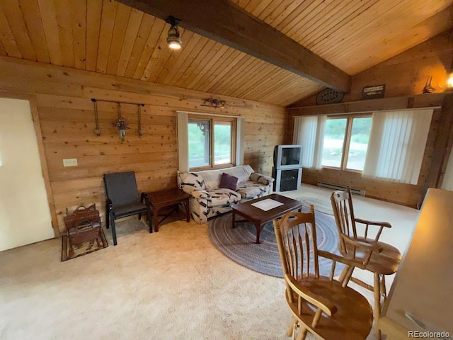 carpeted living room featuring a baseboard radiator, vaulted ceiling with beams, wooden ceiling, and wood walls