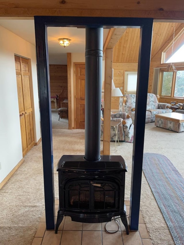 details featuring carpet, a wood stove, and wooden walls