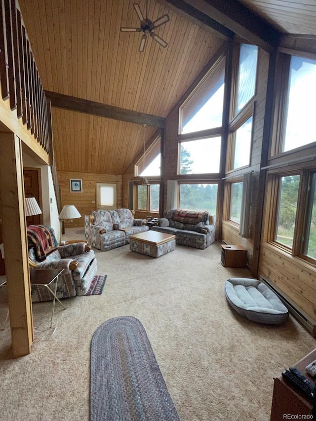 living room with beam ceiling, high vaulted ceiling, carpet floors, wooden ceiling, and wood walls