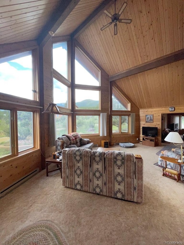 living room featuring baseboard heating, carpet flooring, beam ceiling, and wood walls