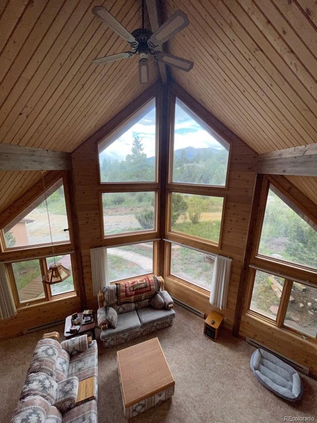 carpeted living room featuring high vaulted ceiling, wooden walls, a wealth of natural light, and wood ceiling