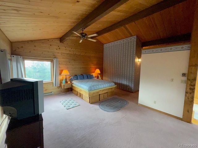 unfurnished bedroom featuring vaulted ceiling with beams, wood ceiling, wooden walls, and light colored carpet