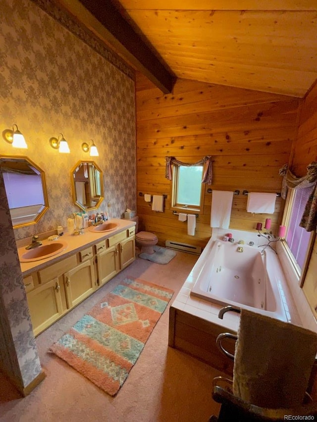 bathroom featuring a washtub, baseboard heating, vaulted ceiling with beams, vanity, and wooden ceiling