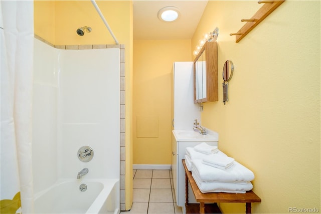 full bathroom featuring tub / shower combination, vanity, and tile patterned floors