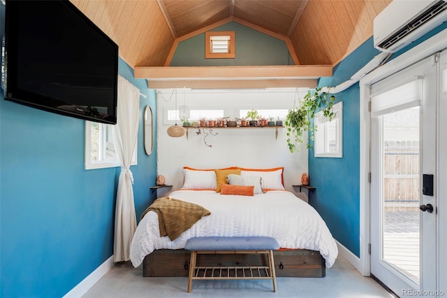 bedroom featuring lofted ceiling, a wall unit AC, finished concrete flooring, and multiple windows