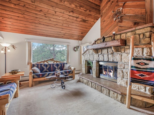 living area featuring carpet, a fireplace, baseboard heating, wooden ceiling, and lofted ceiling