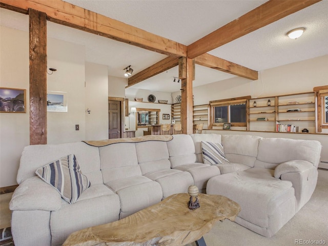 living room with carpet flooring and beam ceiling