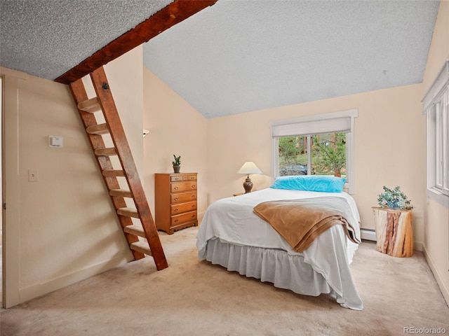 bedroom featuring lofted ceiling, baseboard heating, a textured ceiling, baseboards, and light colored carpet