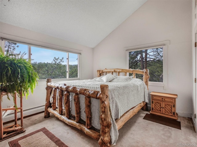 bedroom with a baseboard heating unit, carpet flooring, and high vaulted ceiling