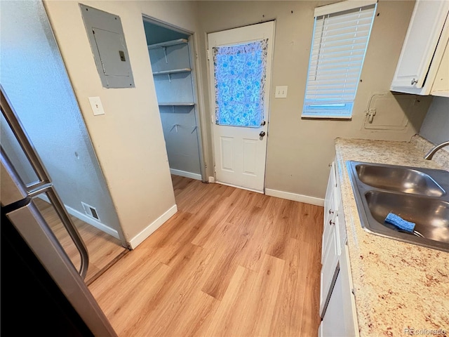 kitchen featuring white cabinets, light hardwood / wood-style floors, sink, and electric panel