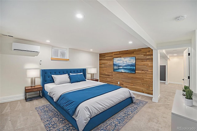 1111 Monroe St, Denver, CO 80206 - bedroom with light carpet, wooden walls, recessed lighting, baseboards, and a wall mounted air conditioner