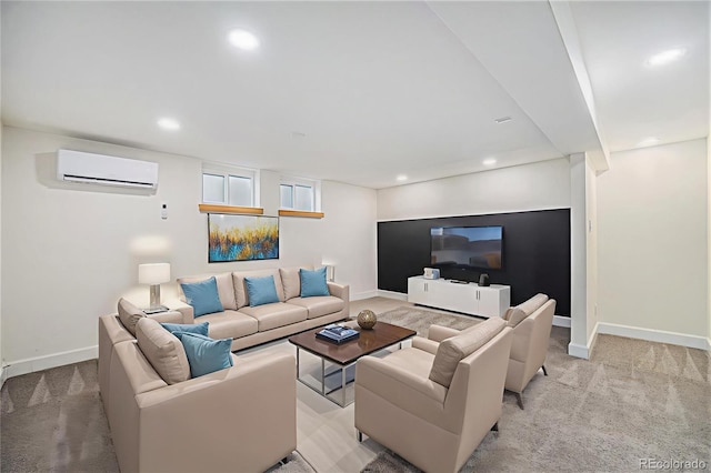 1111 Monroe St, Denver, CO 80206 - living area with an AC wall unit, light carpet, baseboards, and recessed lighting