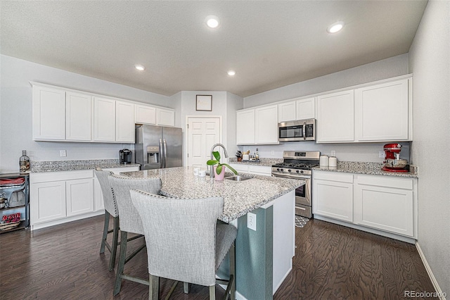 kitchen featuring appliances with stainless steel finishes, a sink, an island with sink, and dark wood-style floors